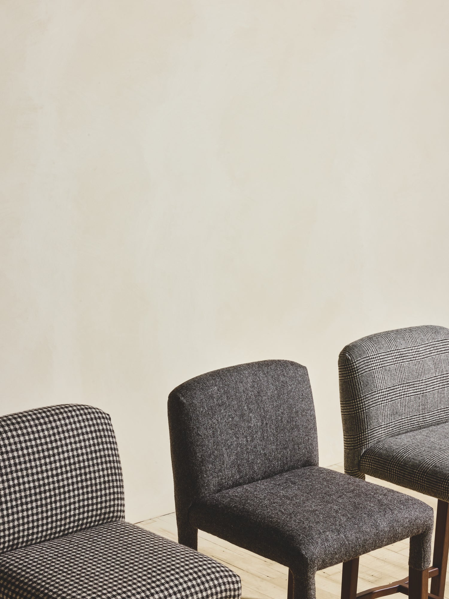 Upholstered fabric options on Mr. Wolcott Counter Stool in natural finish.