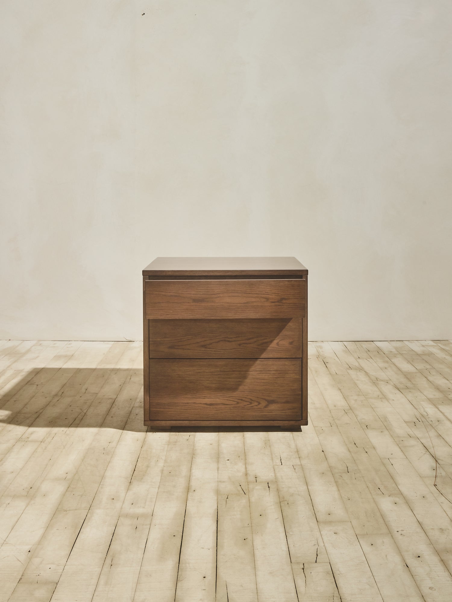 Minimalist Ghent Side Table in natural finish with opened drawer.