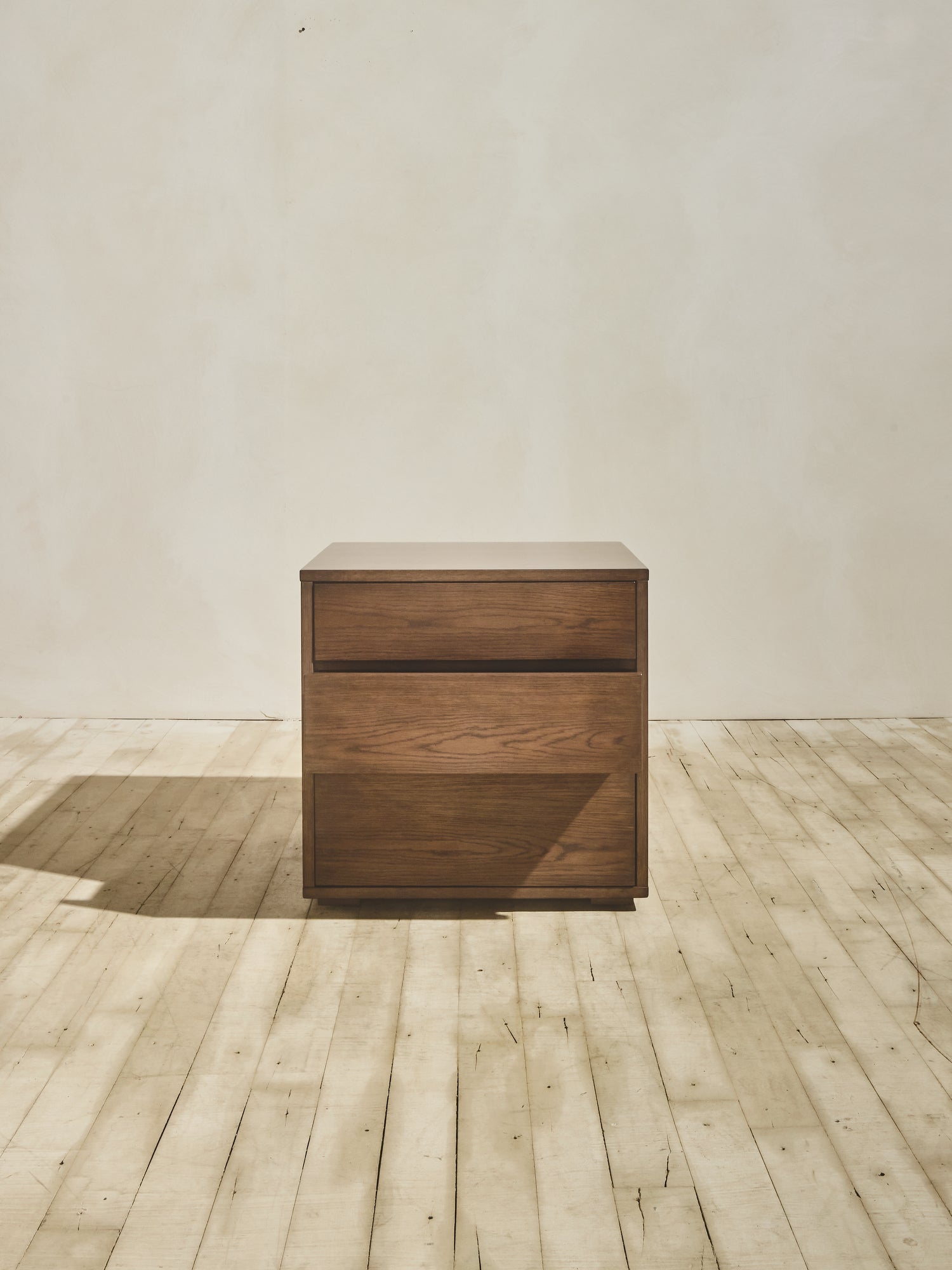 Minimalist Ghent Side Table in natural finish with opened drawer.