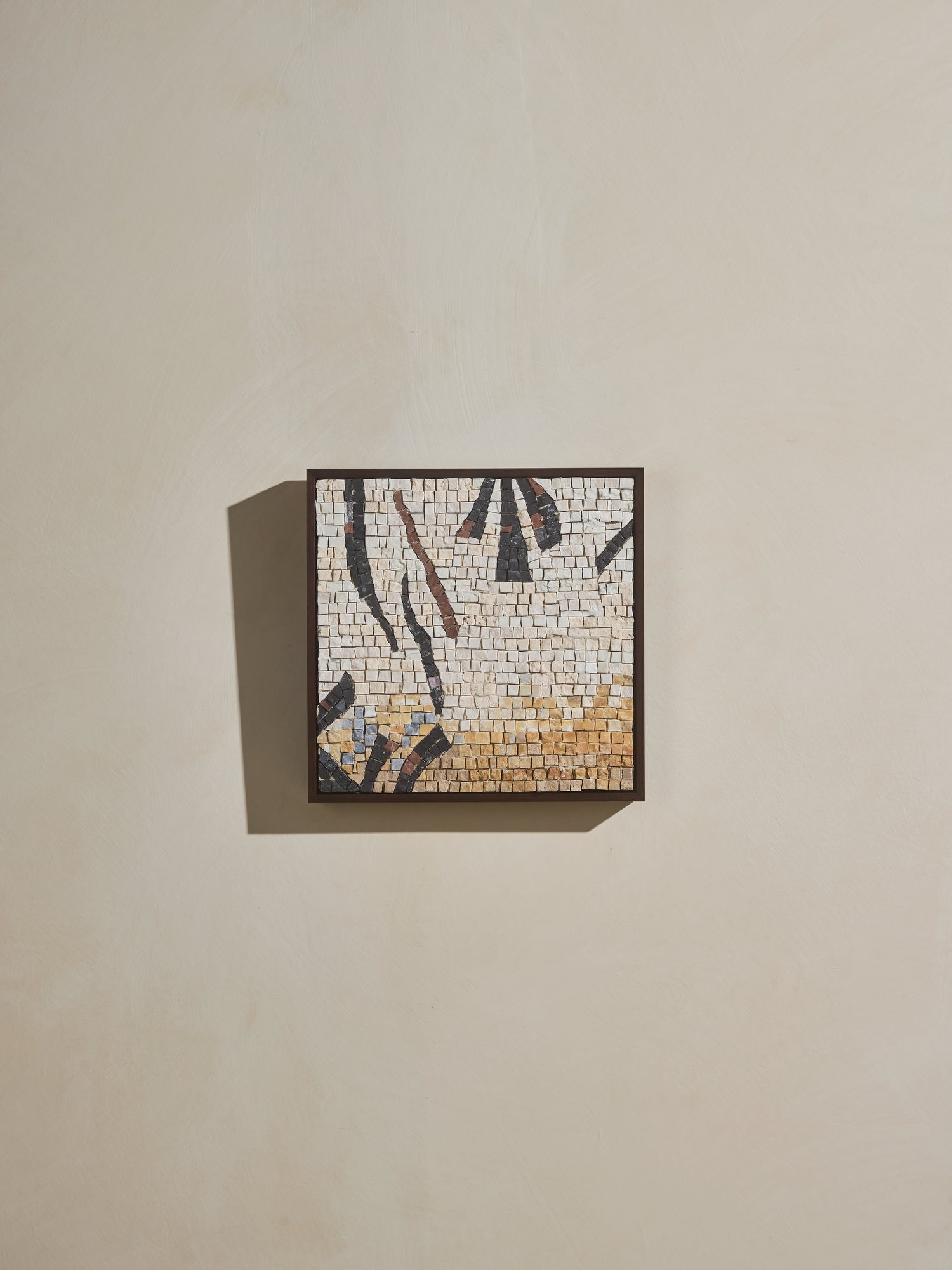 Mosaic square stone art piece with wooden framing.