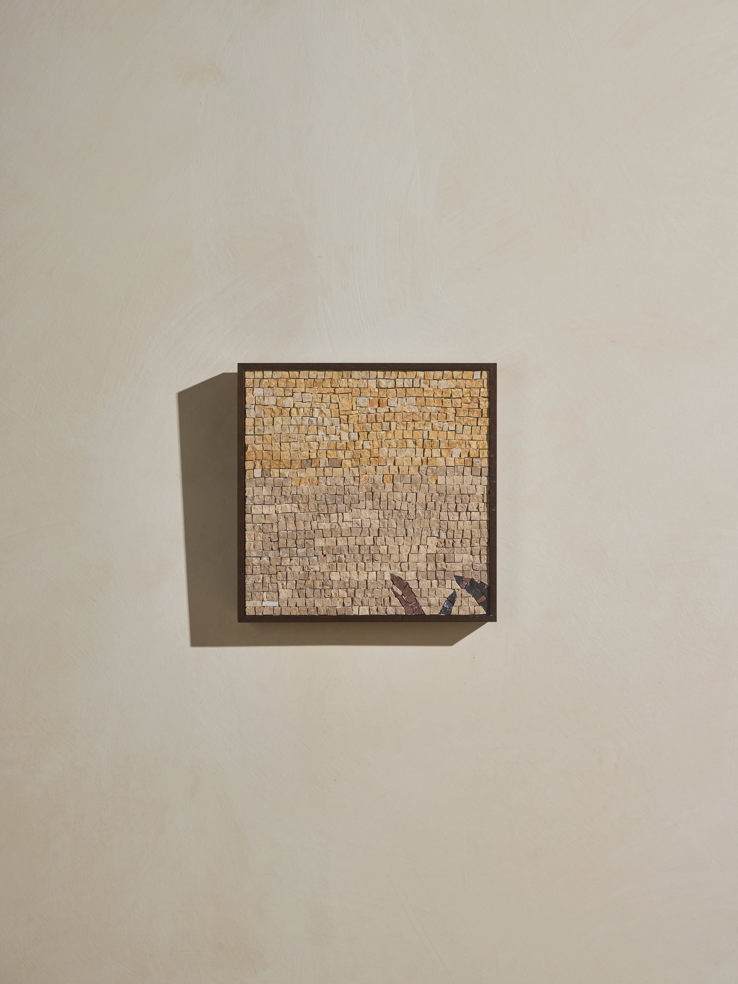 Mosaic square stone art piece with wooden framing.