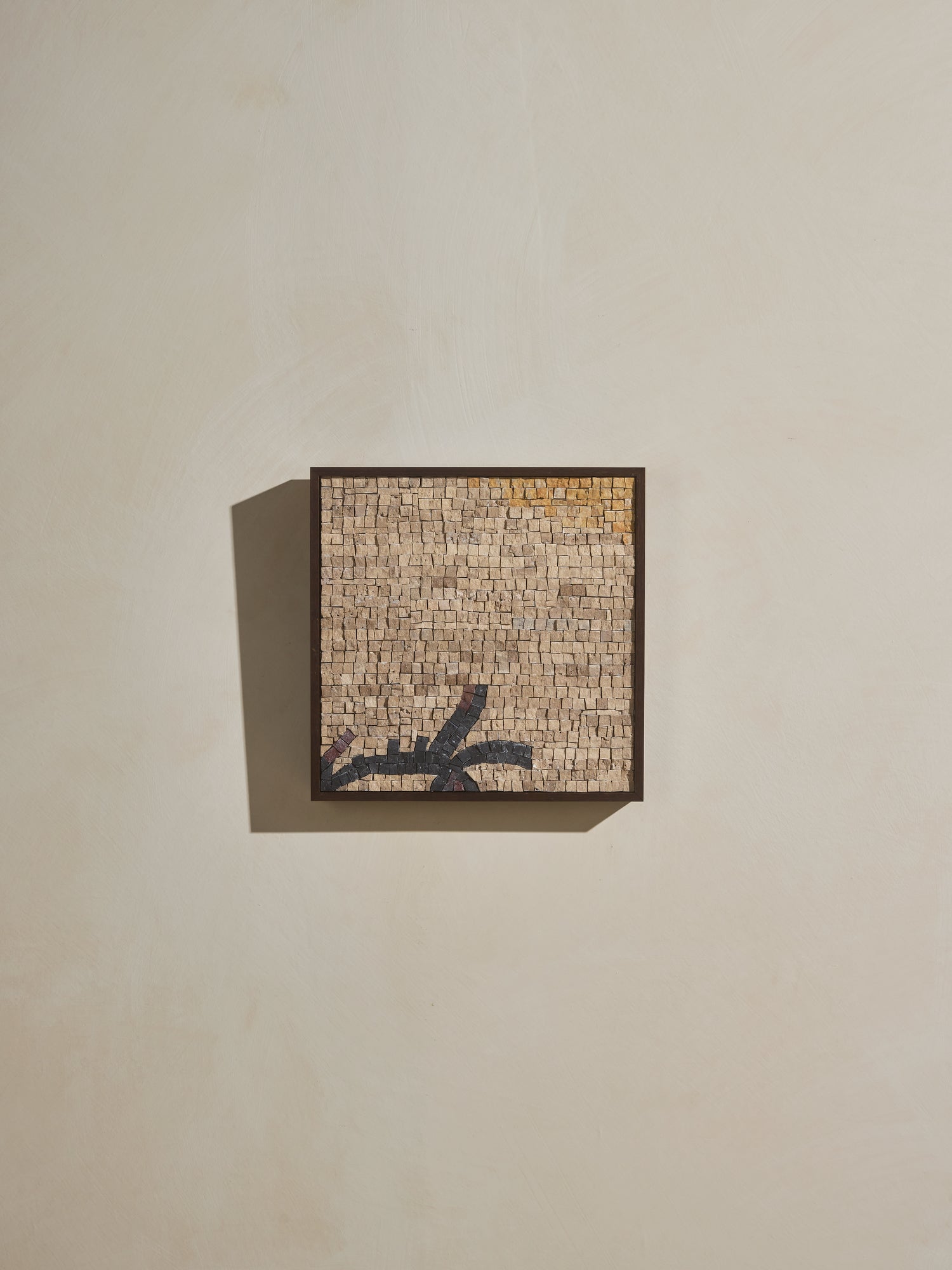 Mosaic square stone art piece with wooden framing.