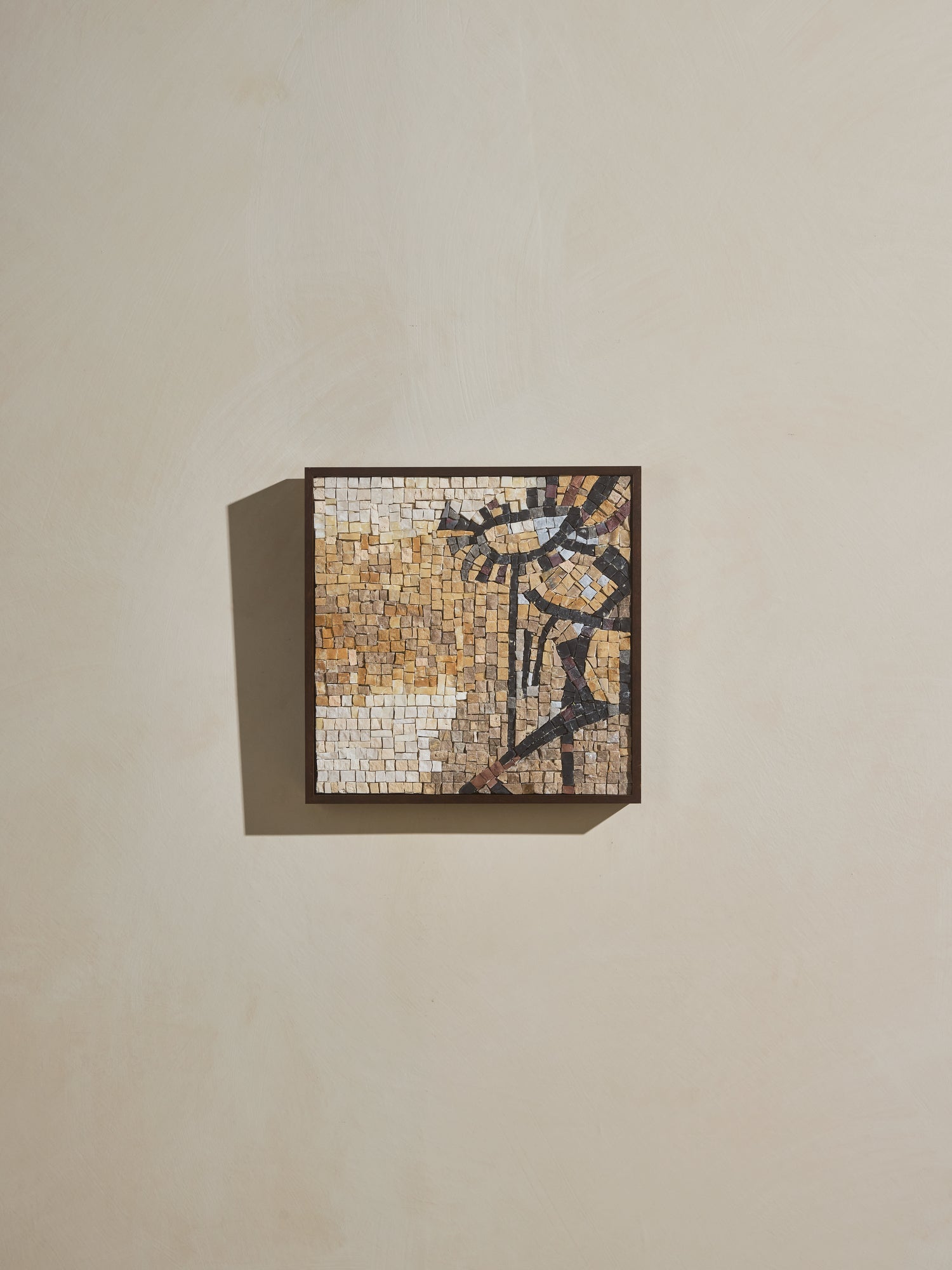 Mosaic square stone art piece with yellow, off white and black details and wooden framing.