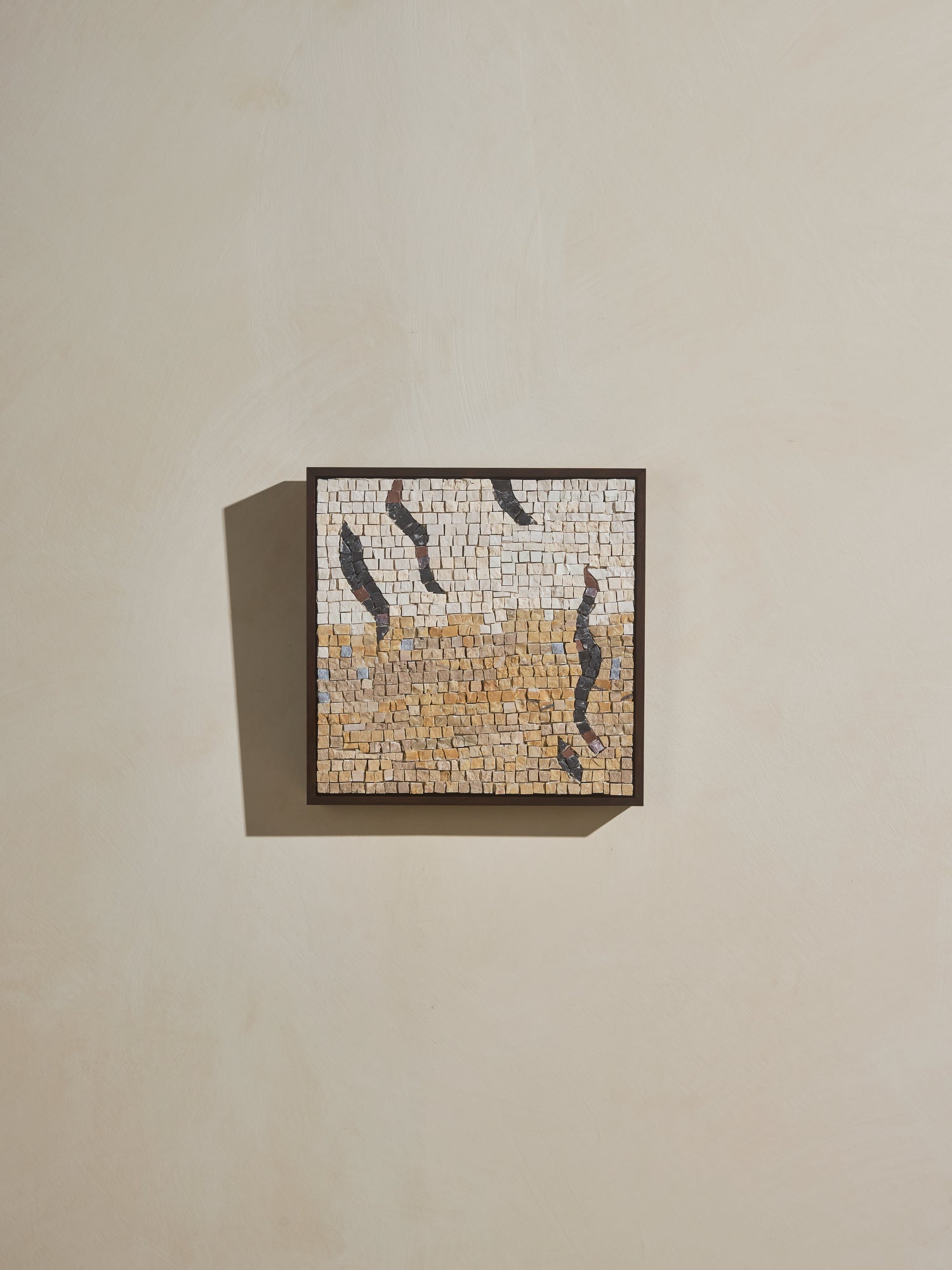 Mosaic square stone art piece with yellow, off white and black details and wooden framing.