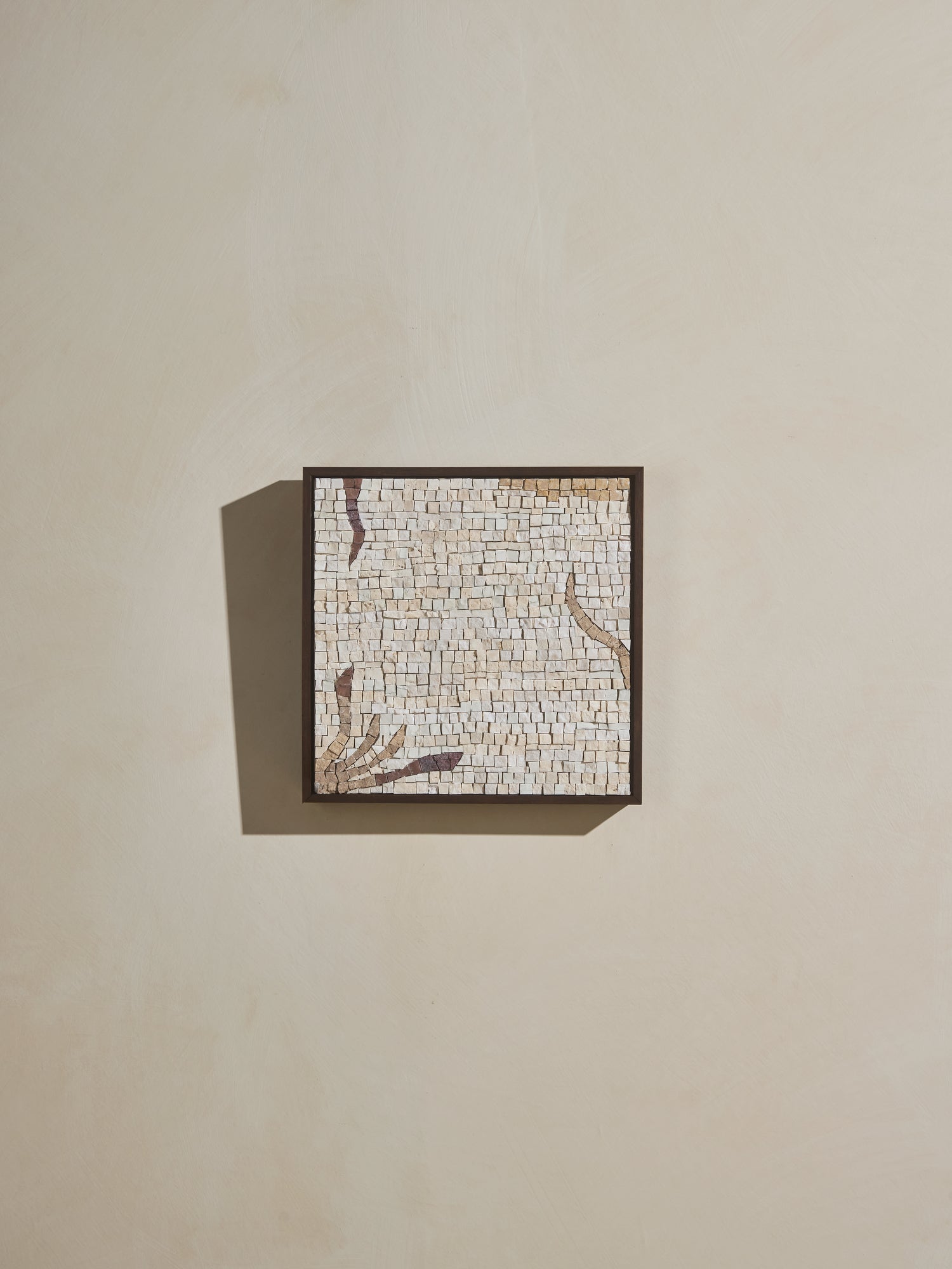 Mosaic square stone art piece with off white and beige details and wooden framing.