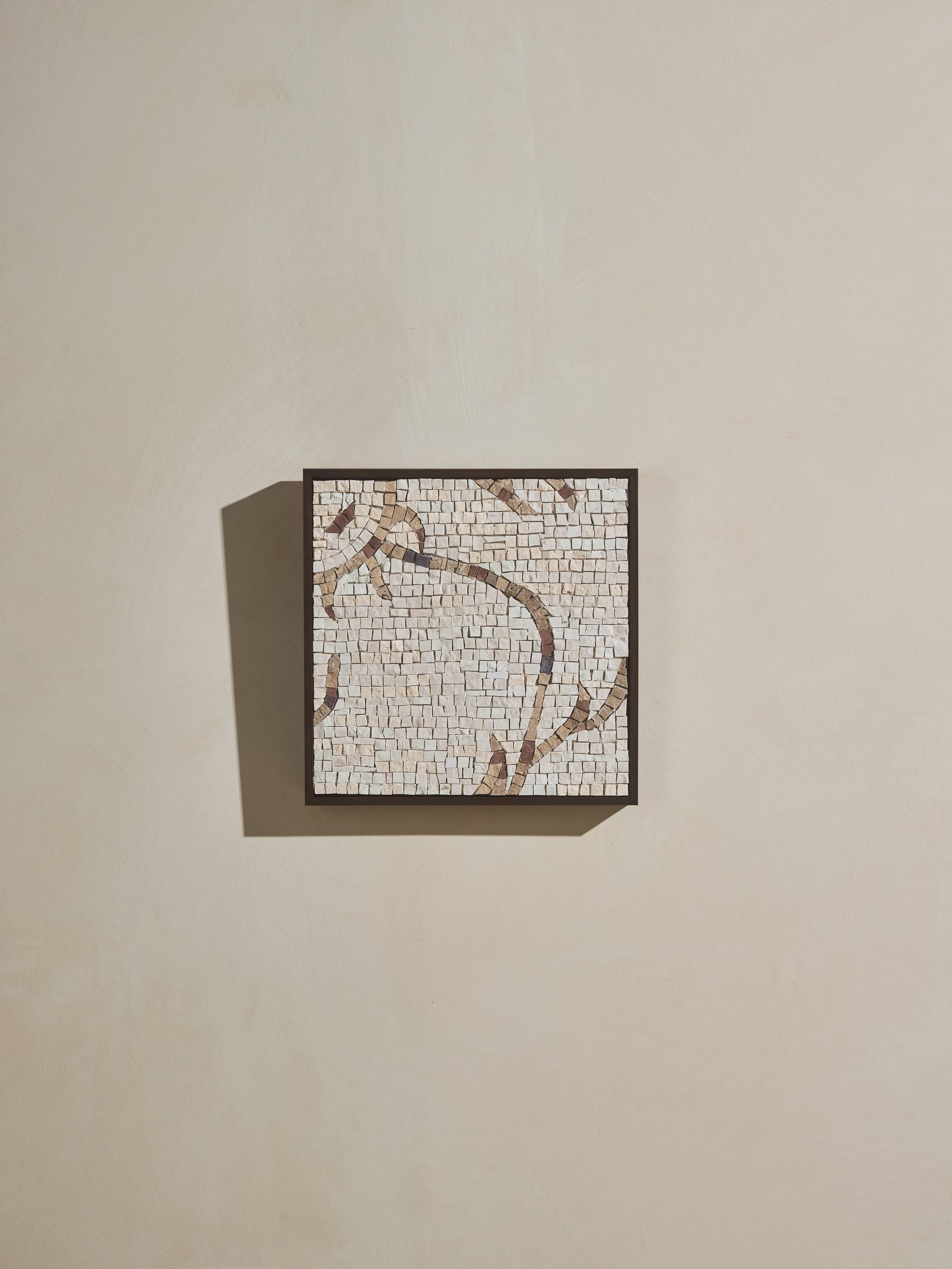 Mosaic square stone art piece with off white and beige details and wooden framing.