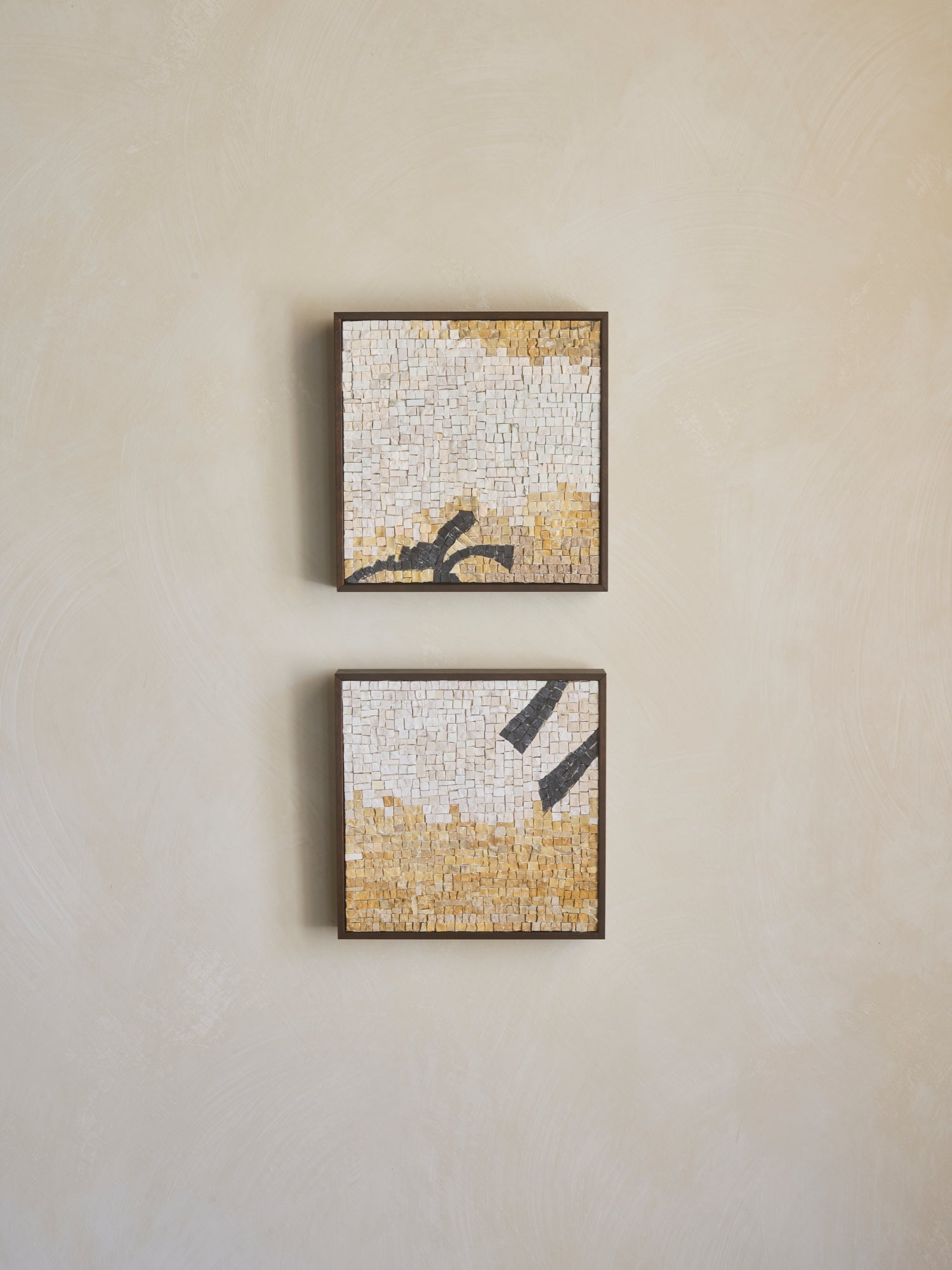 Mosaic square stone art piece with wooden framing.