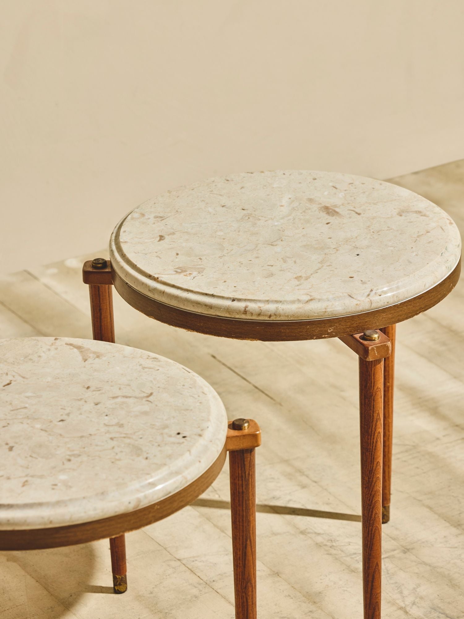 Travertine Side Tables with Tripod Legs – Set of Two