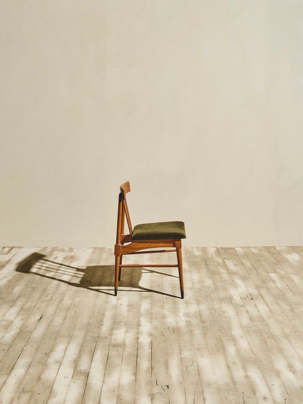 Wood Dining Chairs with Green Upholstery - Pair