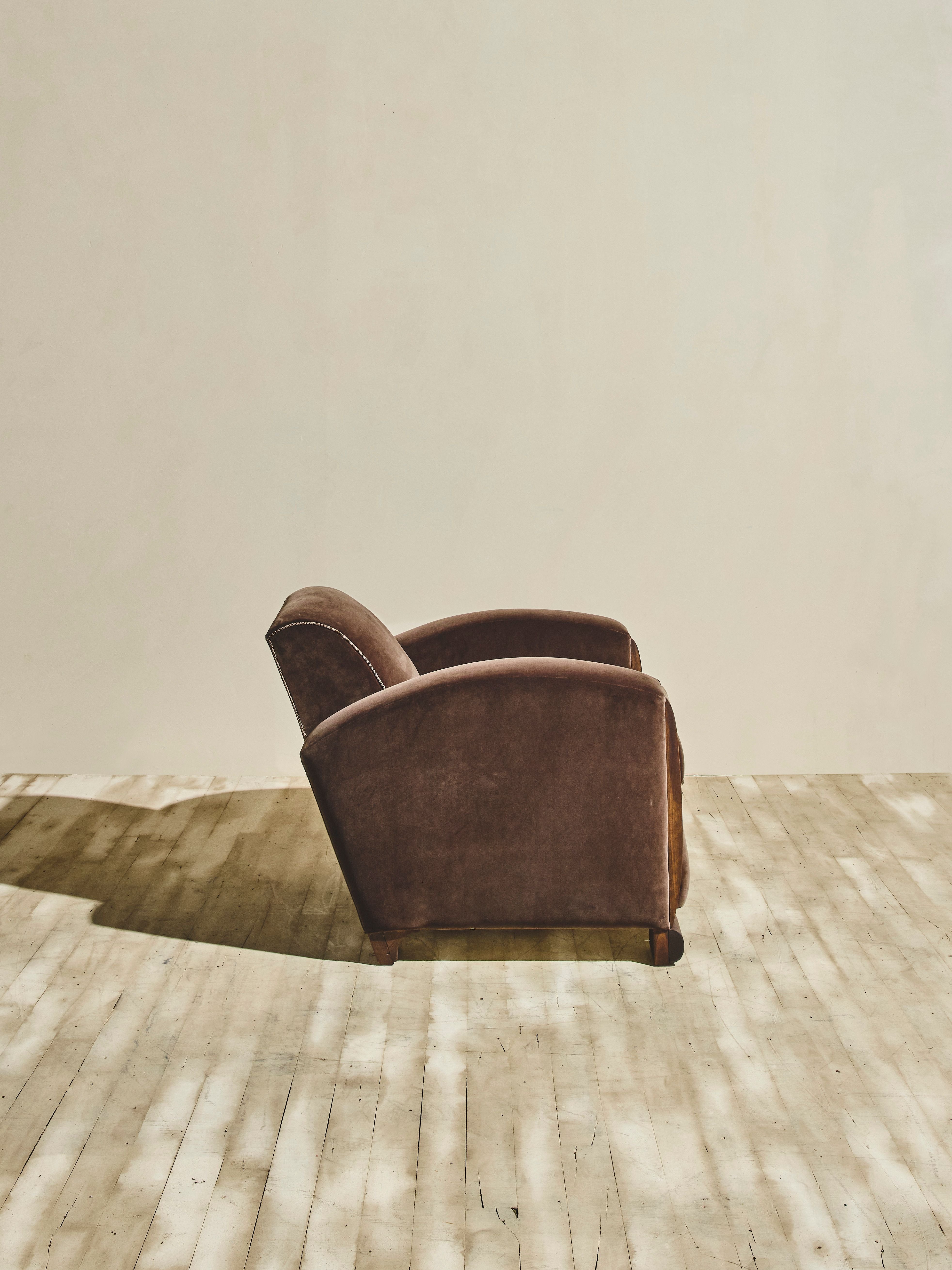 Pair of Vintage Italian Art Deco Club Chairs - Brown Velvet