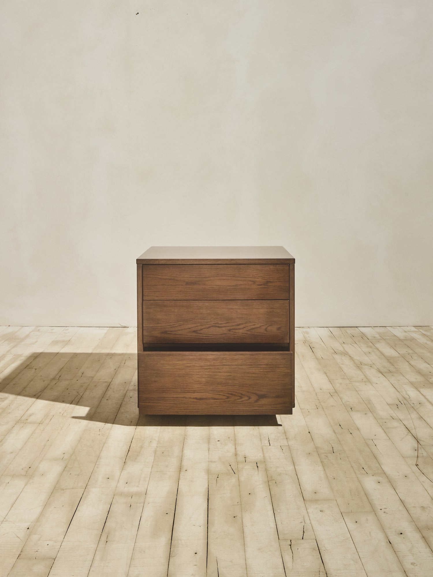 Minimalist Ghent Side Table in natural finish with opened drawer.