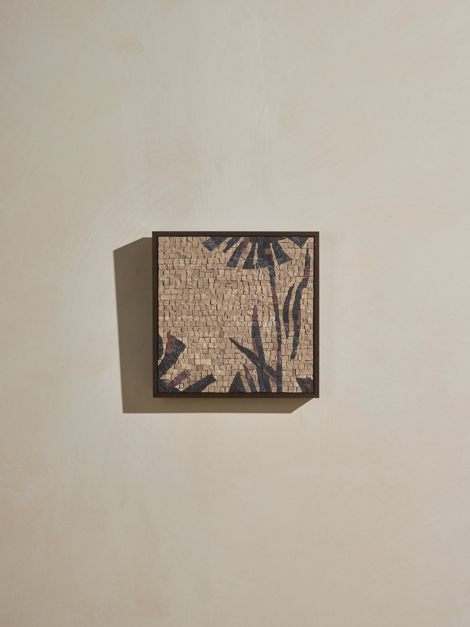 Mosaic square stone art piece with wooden framing.