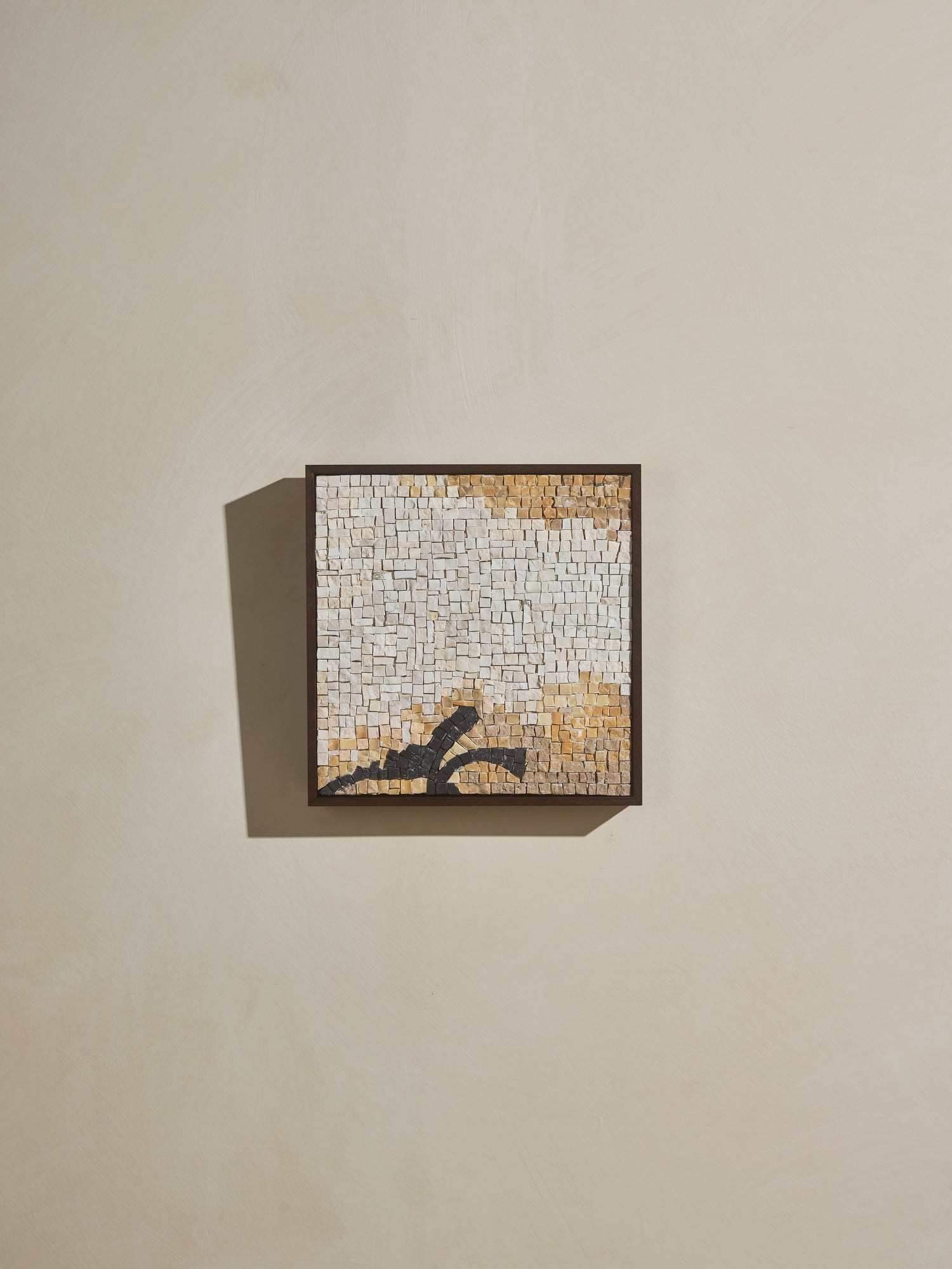 Mosaic square stone art piece with yellow, off white and black details and wooden framing.
