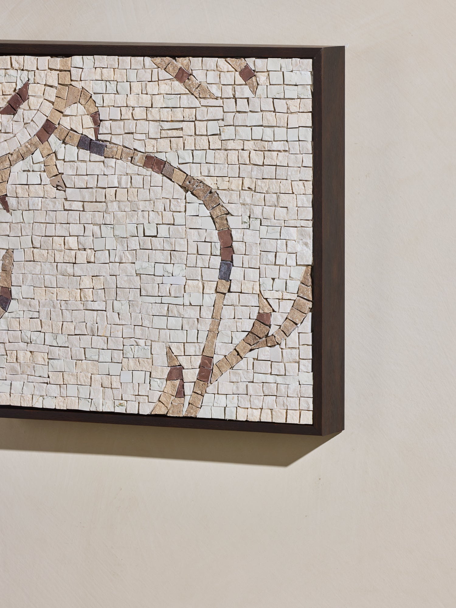 Mosaic square stone art piece with off white and beige details and wooden framing.