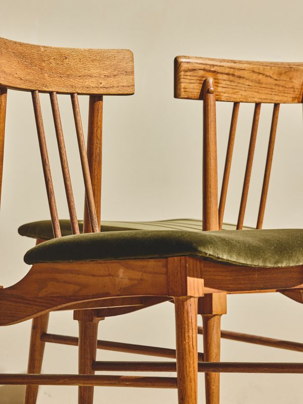 Wood Dining Chairs with Green Upholstery - Pair