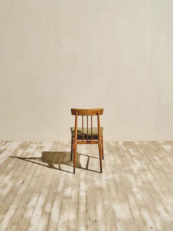 Wood Dining Chairs with Green Upholstery - Pair