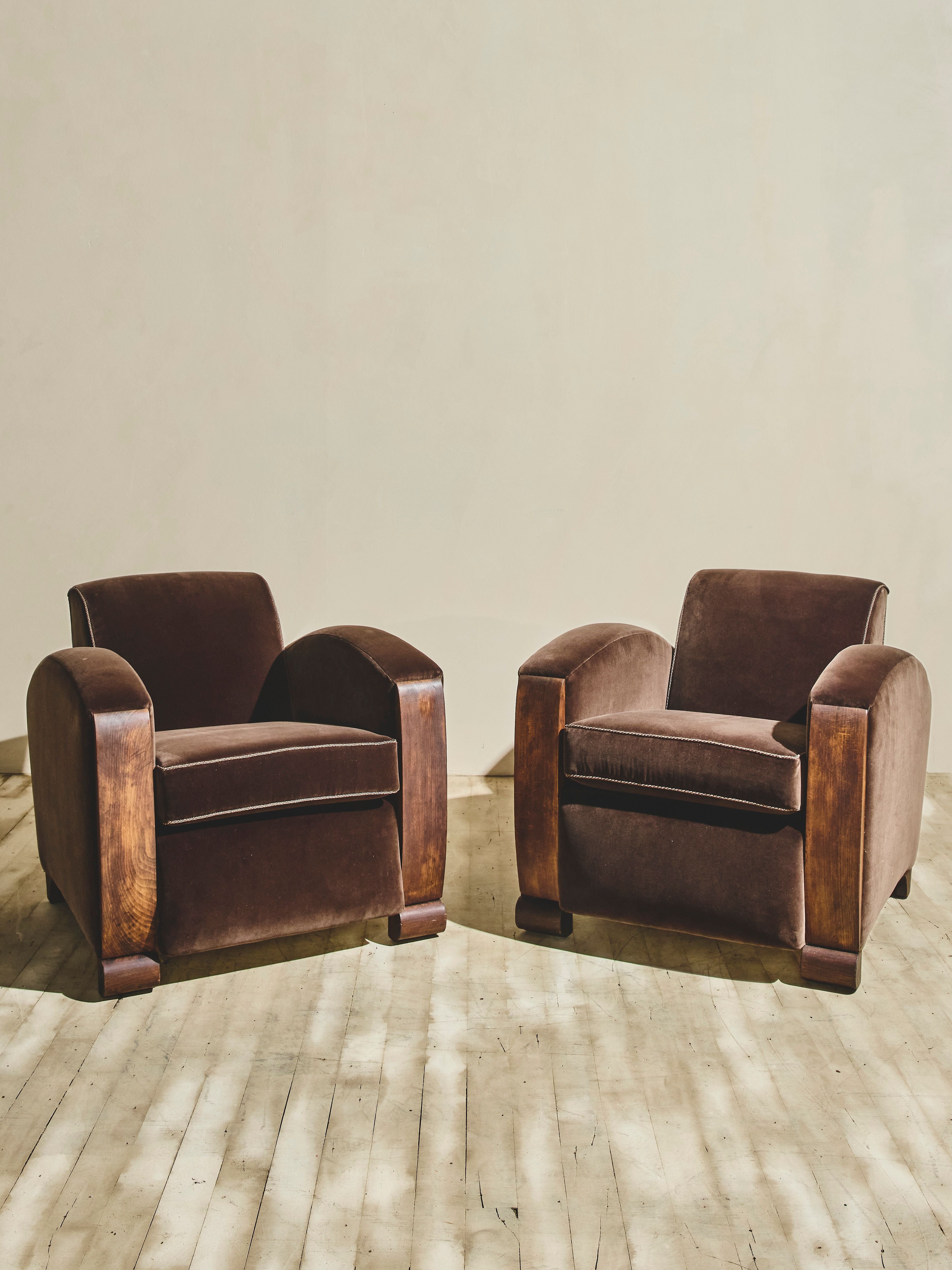 Pair of Vintage Italian Art Deco Club Chairs - Brown Velvet