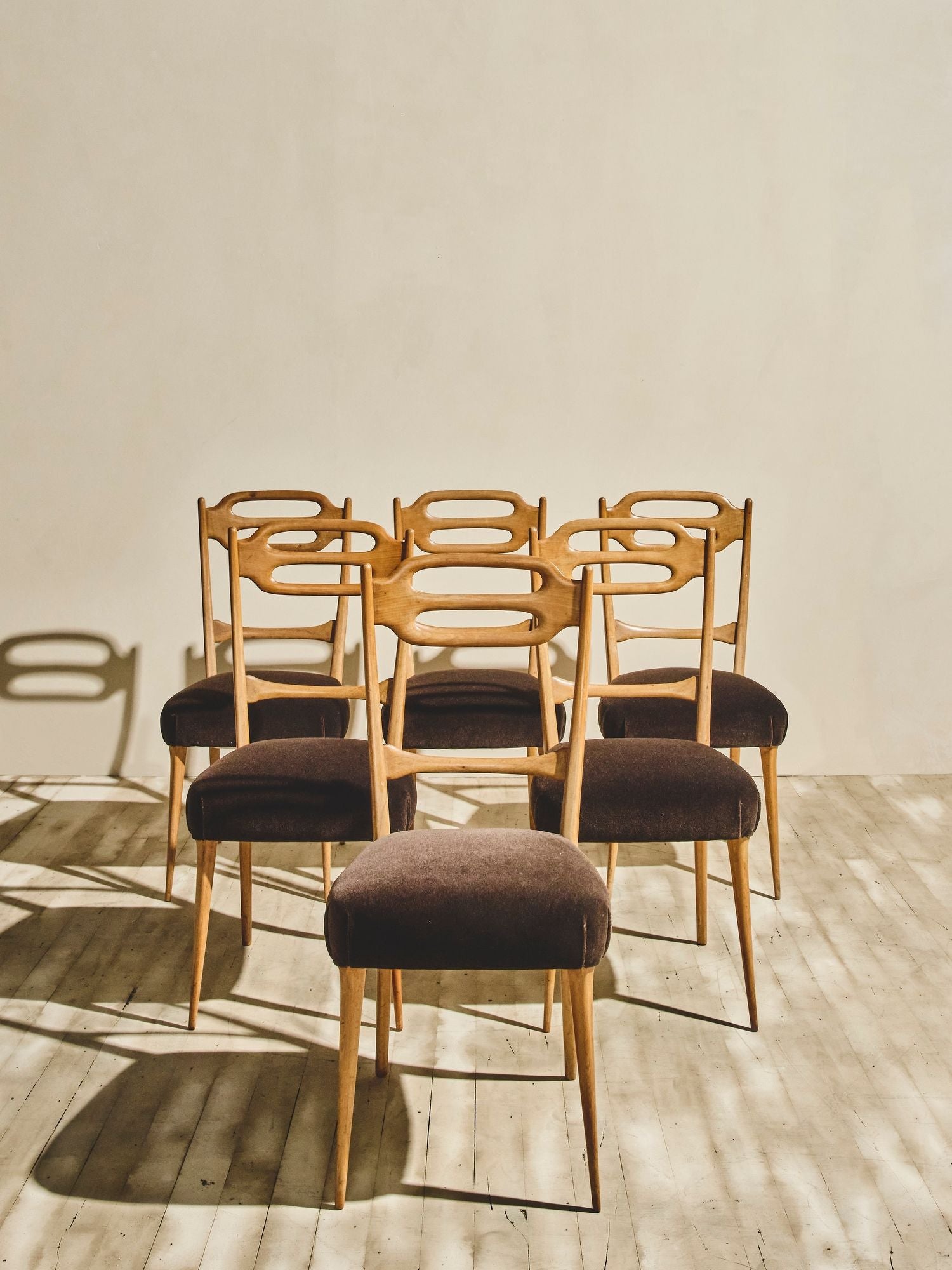 Set of Italian Beech Wood Dining Chairs - Brown Velvet