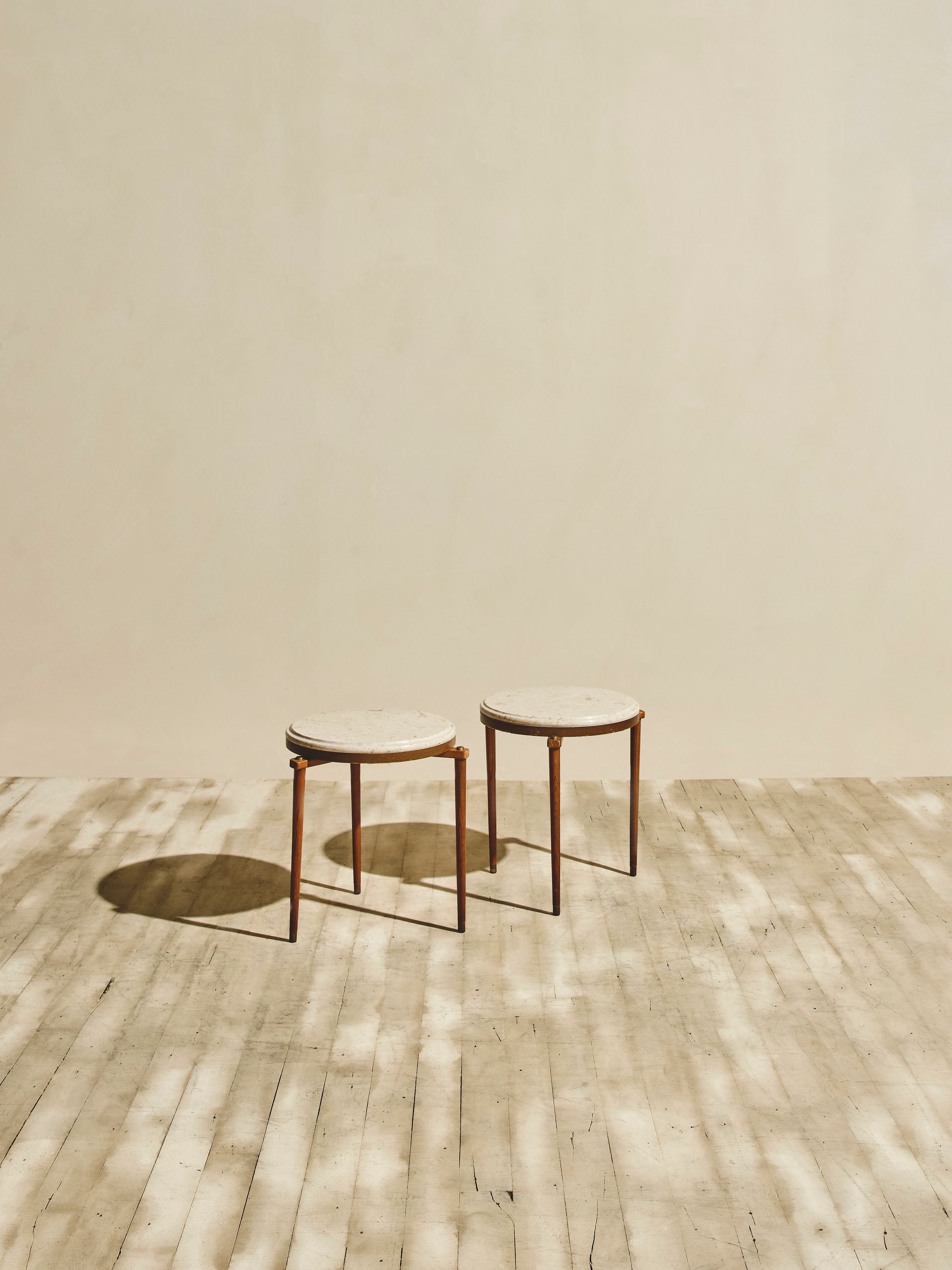 Travertine Side Tables with Tripod Legs – Set of Two