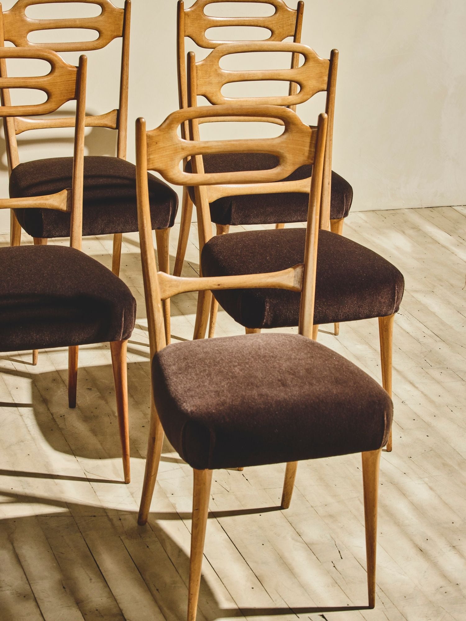 Set of Italian Beech Wood Dining Chairs - Brown Velvet