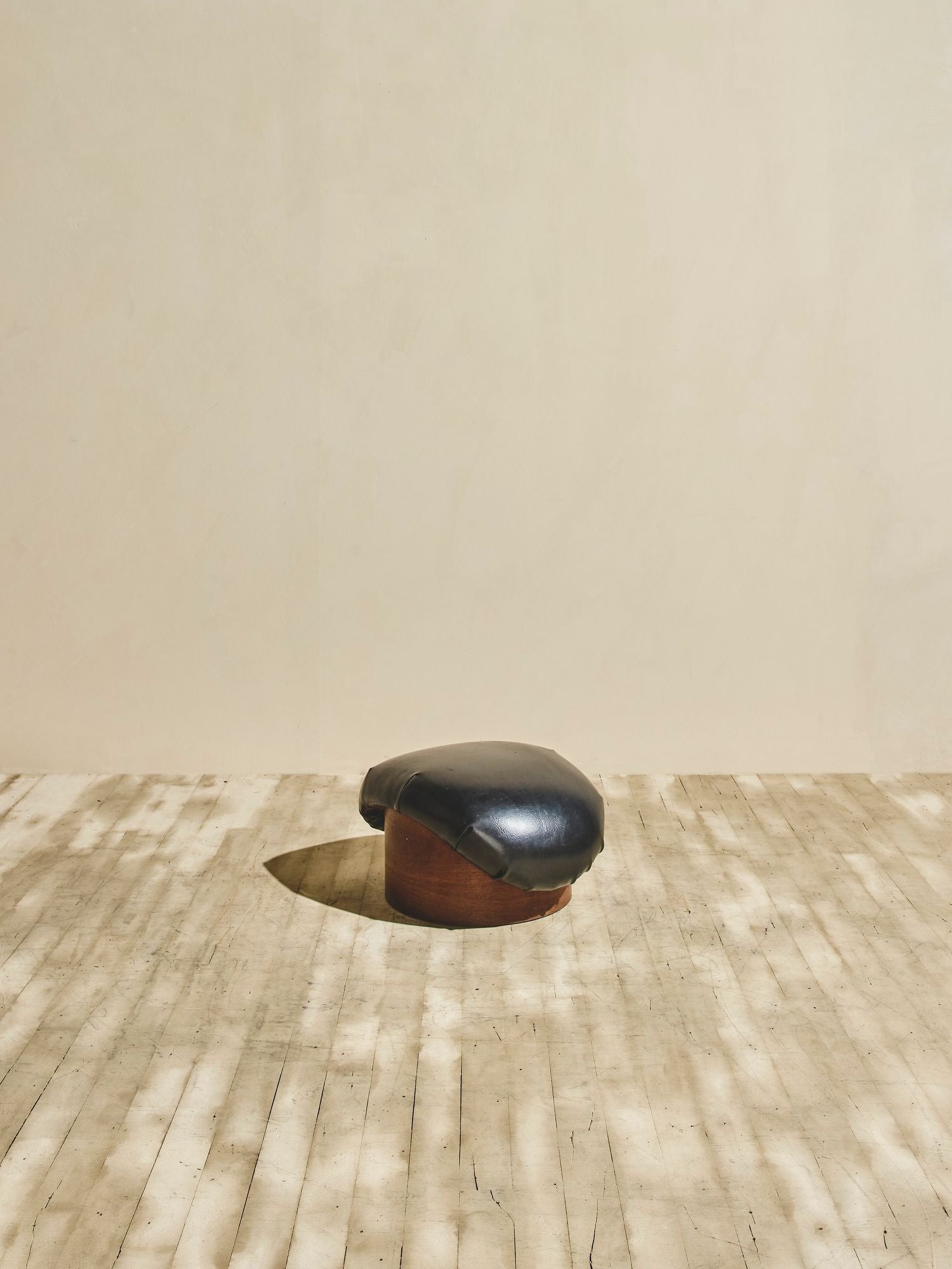 Pair of Sculptural Leather & Wood Milo Baughman Ottomans