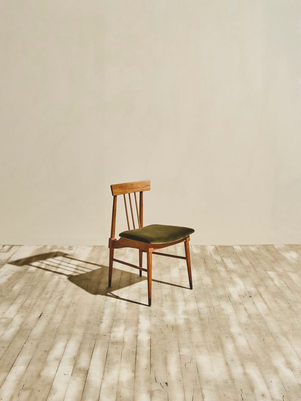 Wood Dining Chairs with Green Upholstery - Pair