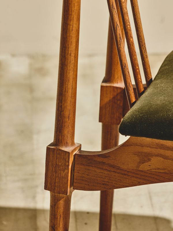 Wood Dining Chairs with Green Upholstery - Pair