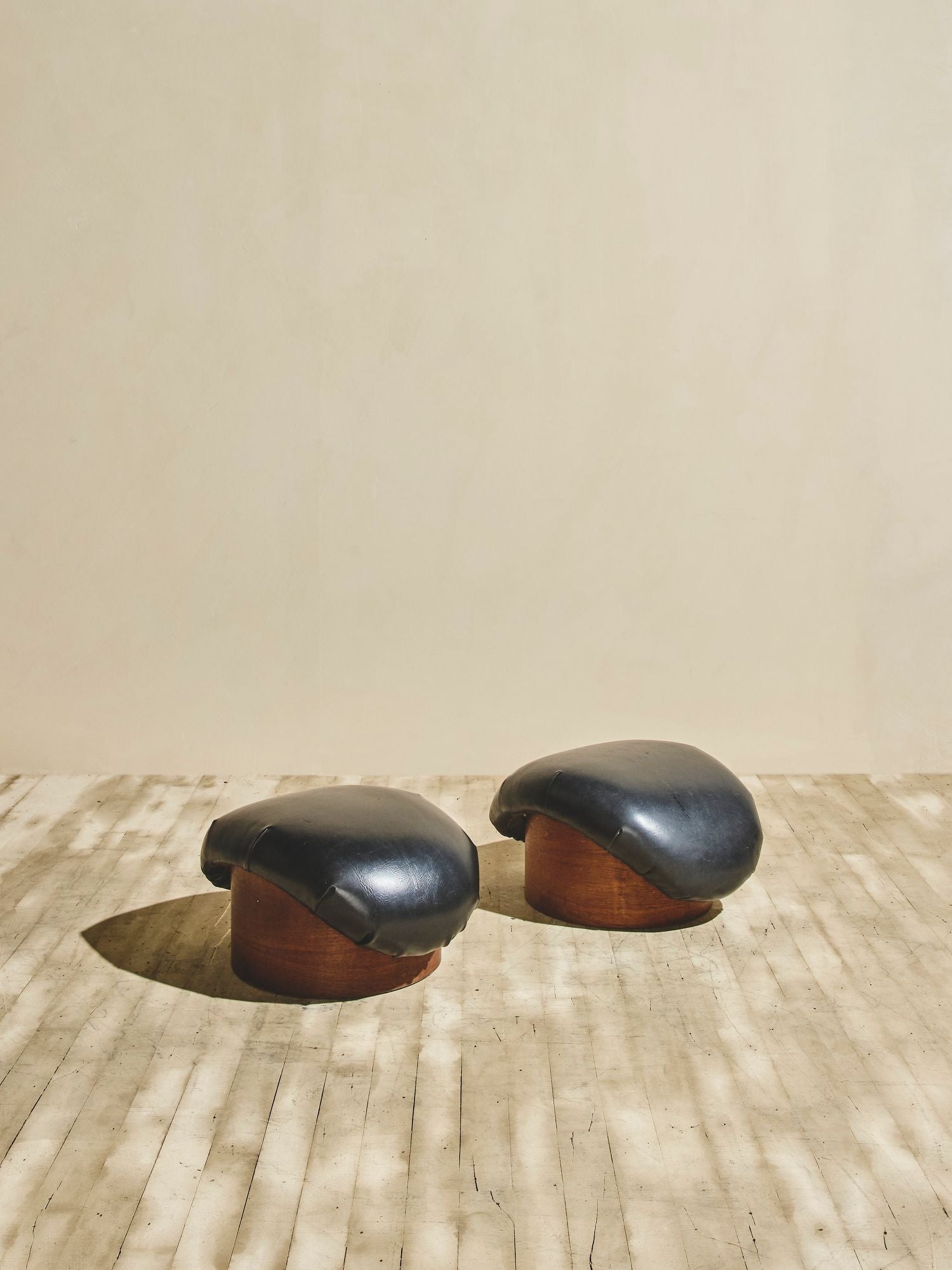 Pair of Sculptural Leather & Wood Milo Baughman Ottomans