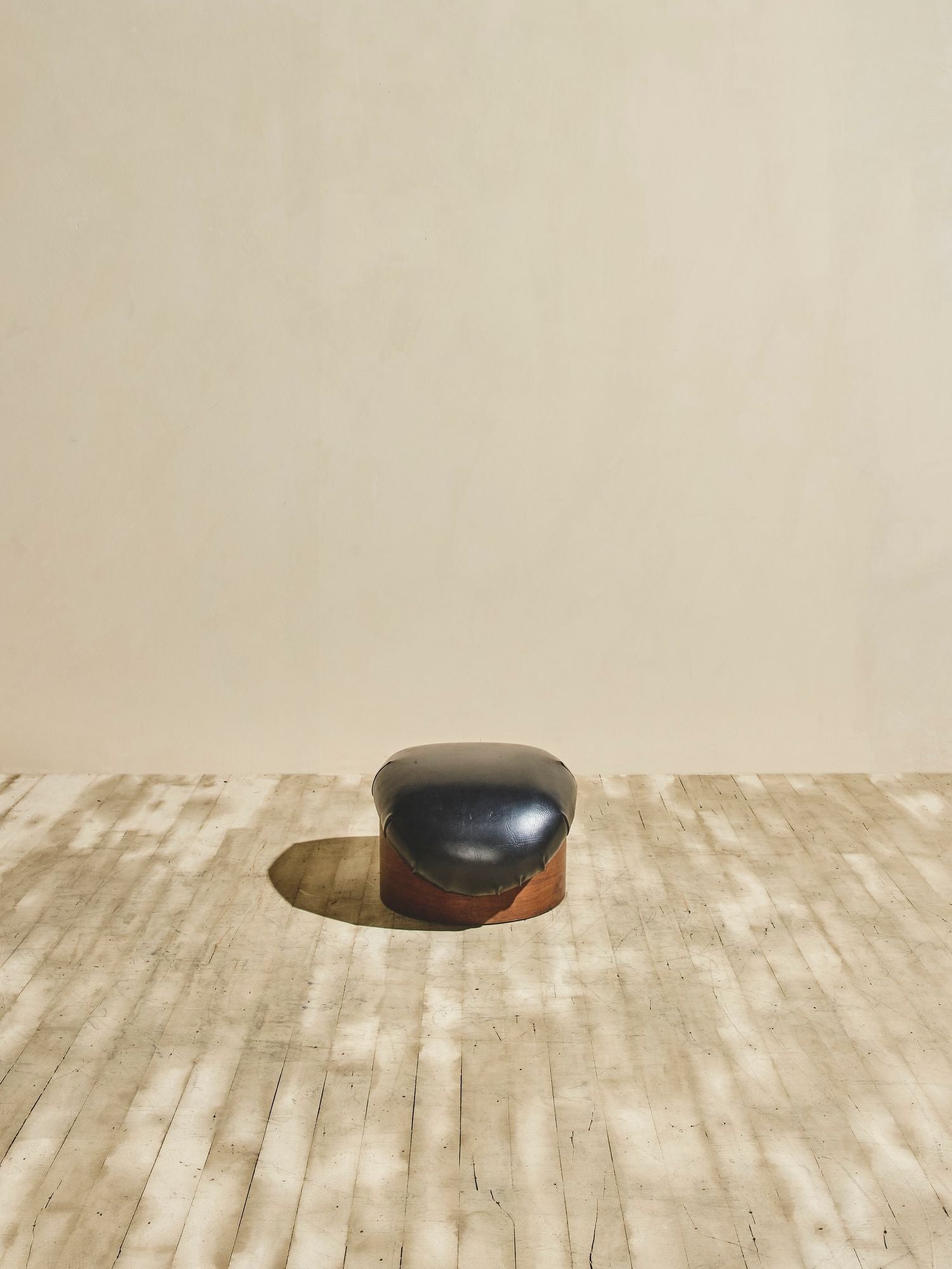 Pair of Sculptural Leather & Wood Milo Baughman Ottomans