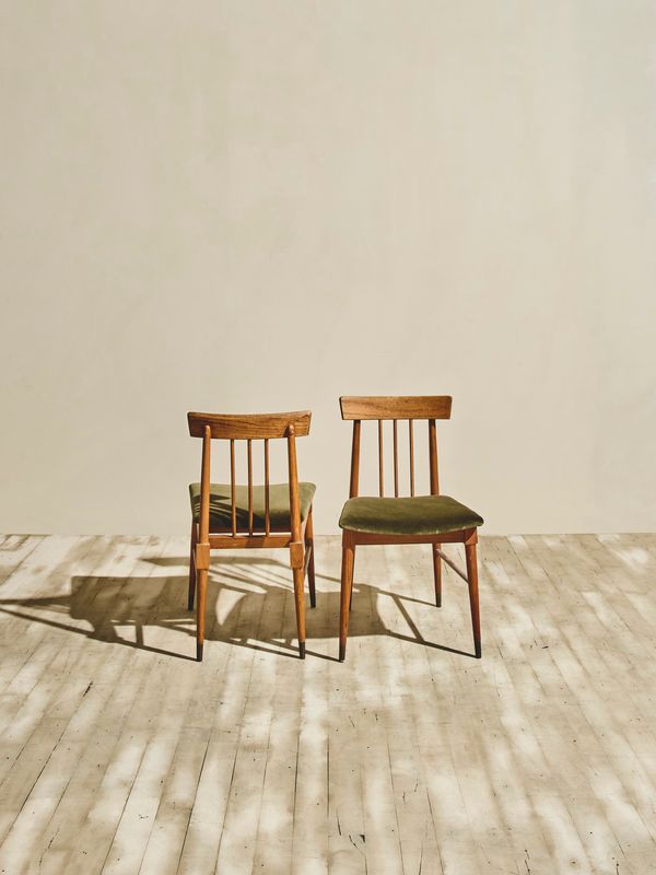 Wood Dining Chairs with Green Upholstery - Pair