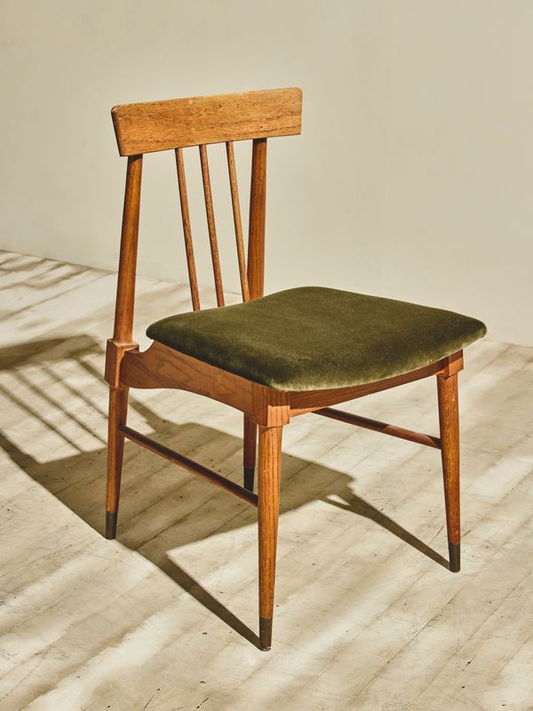 Wood Dining Chairs with Green Upholstery - Pair